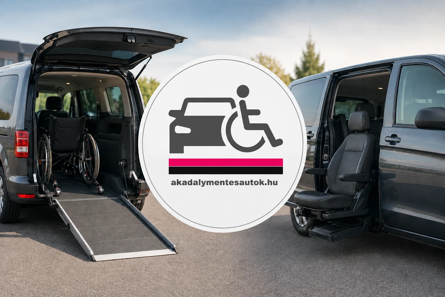 Két akadálymentes kisbusz: hátsó rámpával és kerekesszékkel, illetve oldalsó forgó-emelő üléssel, az Akadálymentes Autók logójával